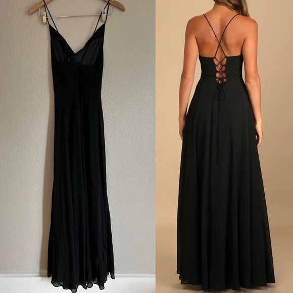 NWOT Romantically Speaking Black Cowl Lace-Up Maxi Dress - Picture 3 of 7